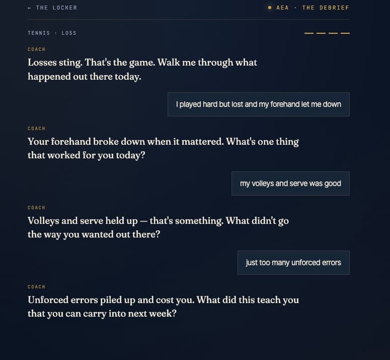 A player works through a post-competition reflection conversation after a loss, identifying what worked and what did not