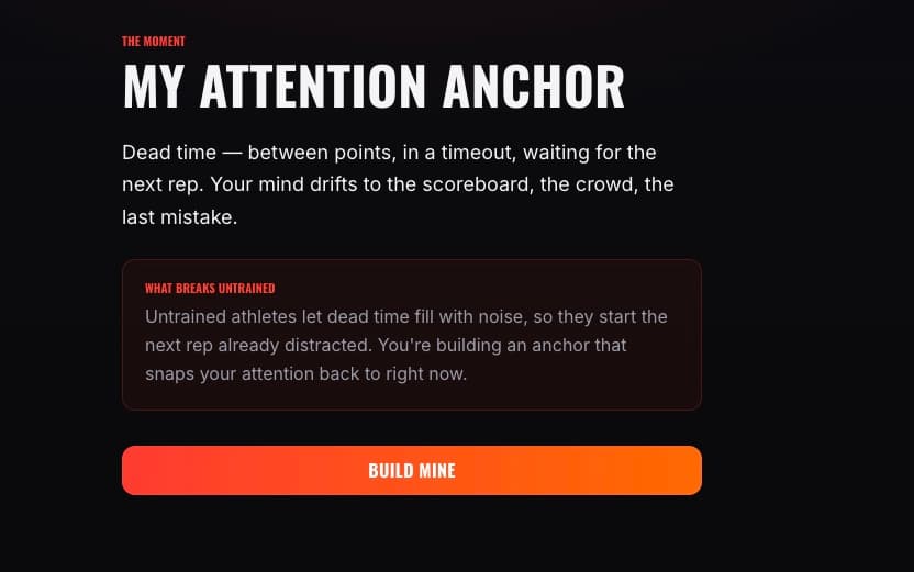 The My Attention Anchor prompt describing the dead-time moment and inviting the athlete to build their anchor