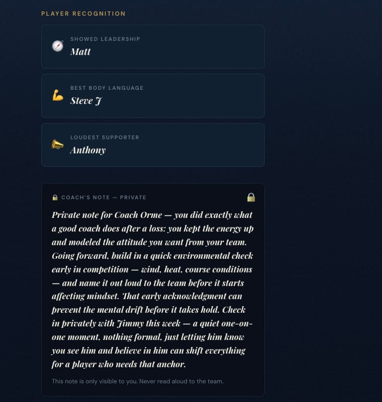 Player recognition callouts plus a private coach's note visible only to the coach
