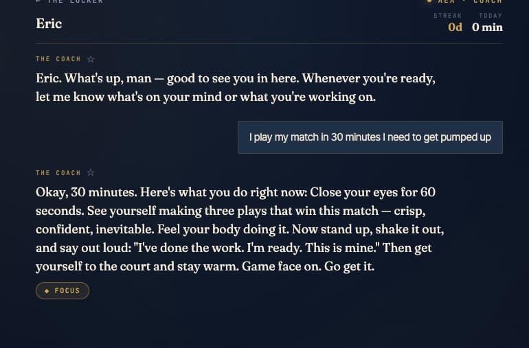 A player tells the Confidence Coach they compete in 30 minutes and receives a visualization and priming routine