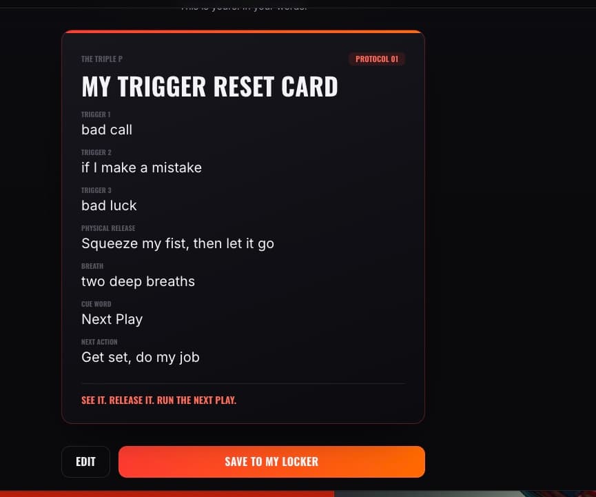 A completed Trigger Reset Card with the athlete's triggers, physical release, breath, cue word, and next action